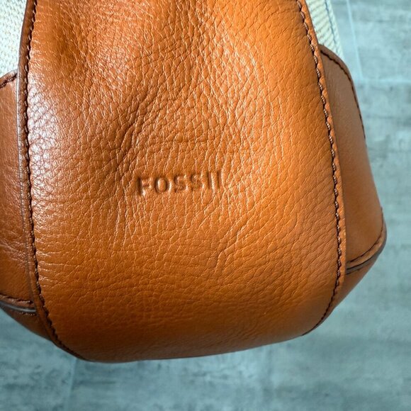 FOSSIL Tan W/ Blue Stripes HANNAH HOBO Canvas & Leather Shoulder Bag - Picture 10 of 16